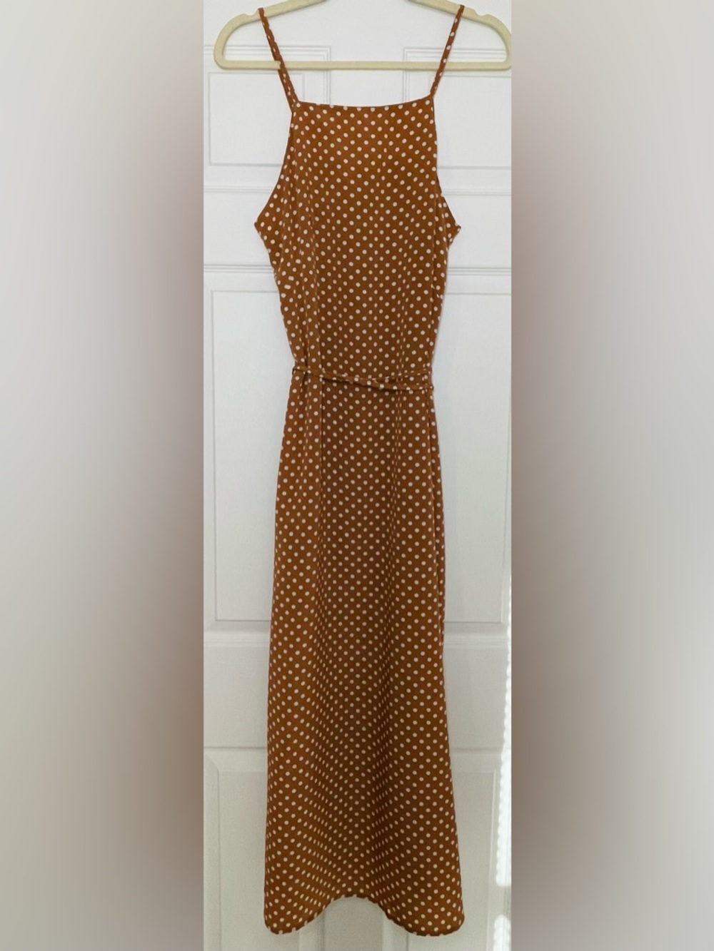 Brown Polka Dot Spaghetti Strap Maxi Dress
